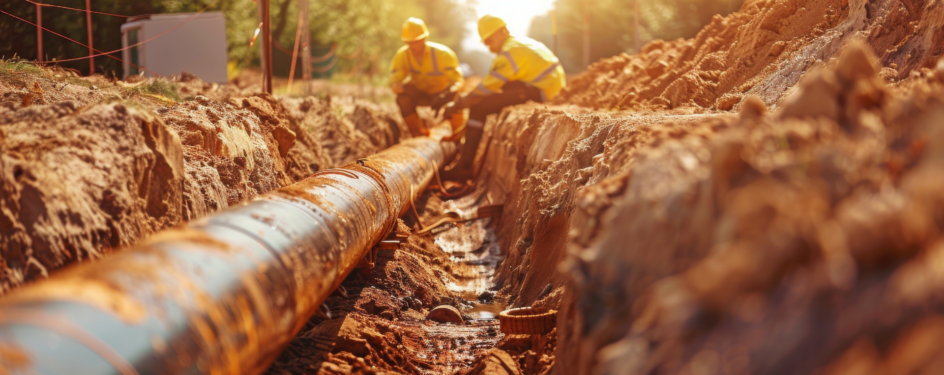 trench with a gas line running through it. Two men are working on it.